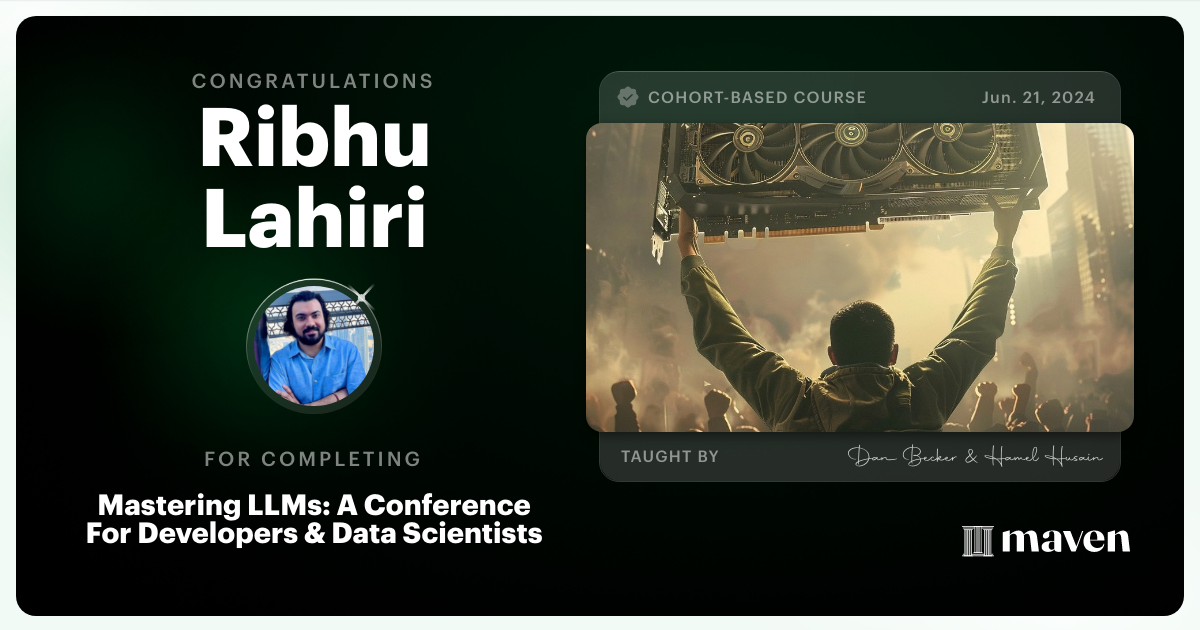 Certificate of Completion for Mastering LLMs For Developers & Data Scientists