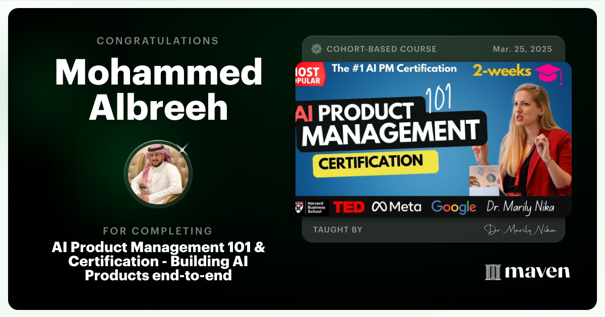 Certificate of Completion for AI Product Management 101 & Certification - Building AI Products end-to-end