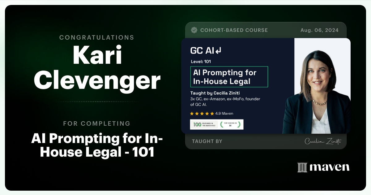 Certificate of Completion for AI Prompting for In-House Legal - 101