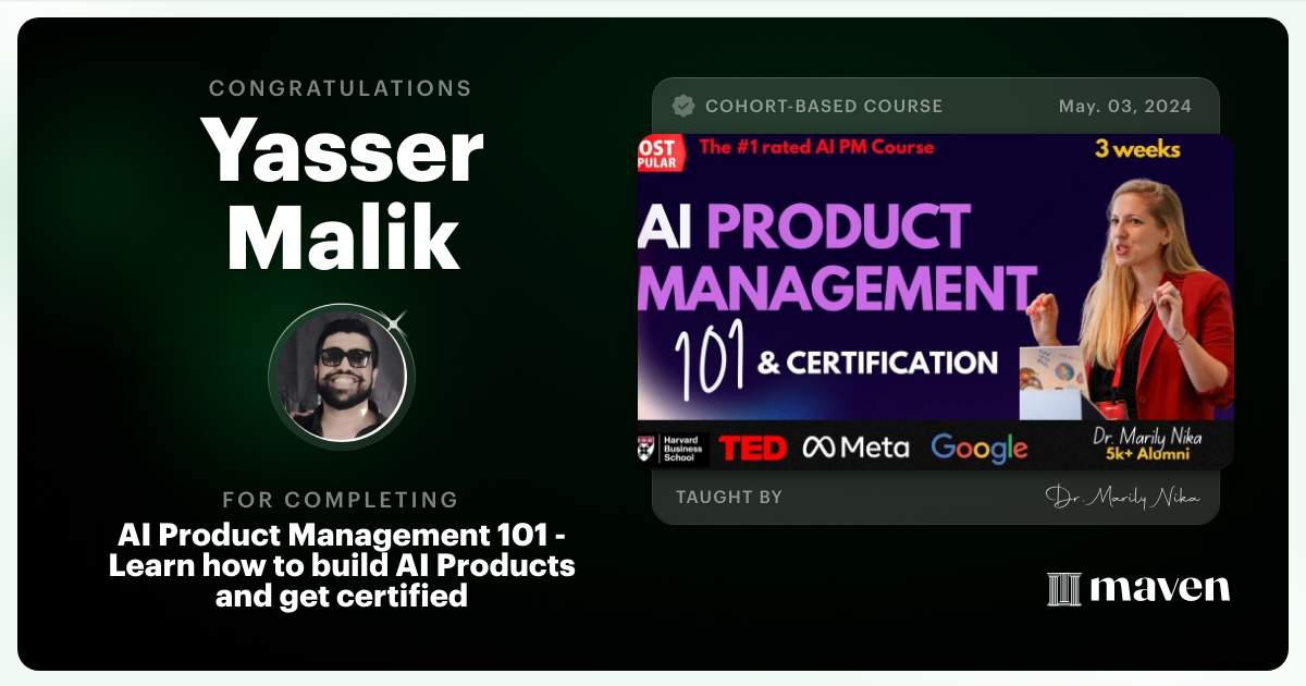 Certificate of Completion for AI Product Management 101 & Certification - Building AI Products end-to-end