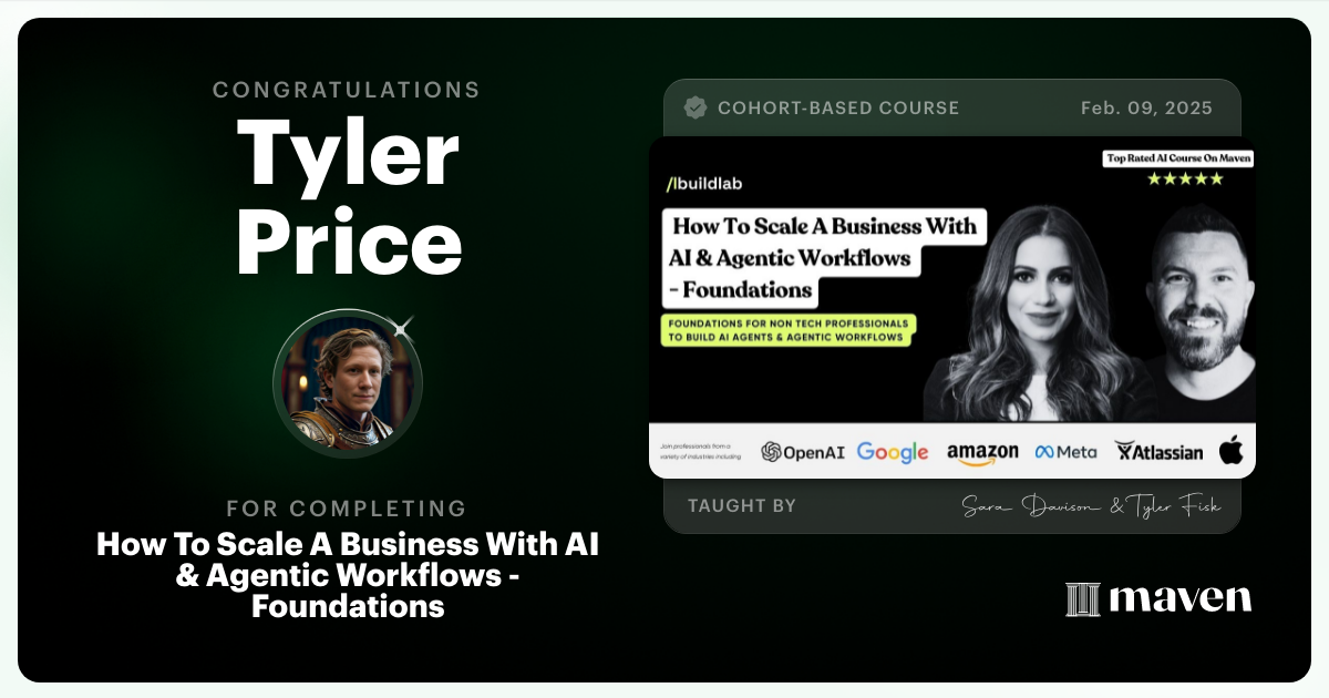 Certificate of Completion for How To Scale A Business With AI & Agentic Workflows - Foundations