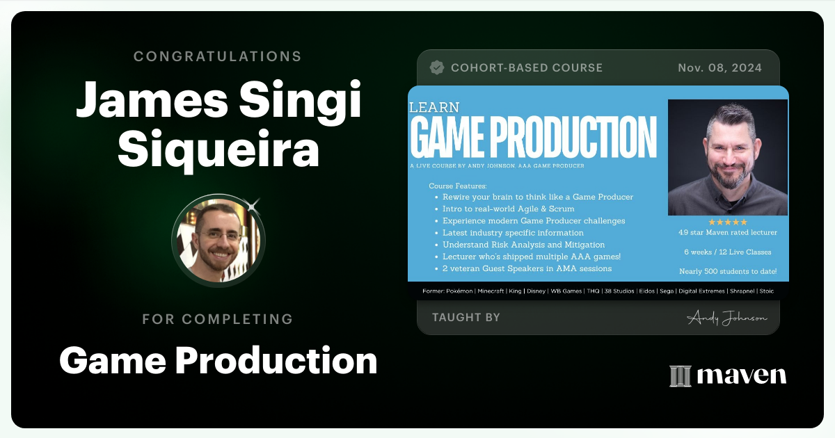 Certificate of Completion for Game Production – Think Like a Game Producer & Ship Games!