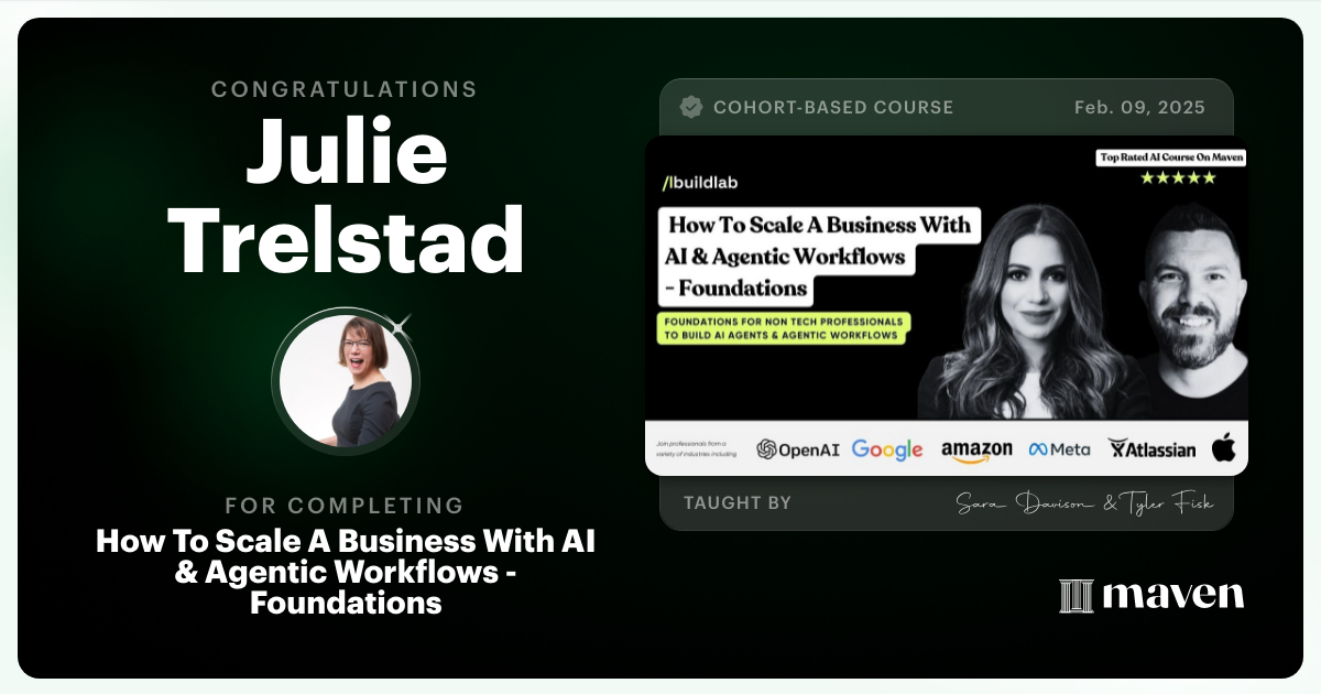 Certificate of Completion for How To Scale A Business With AI & Agentic Workflows - Foundations
