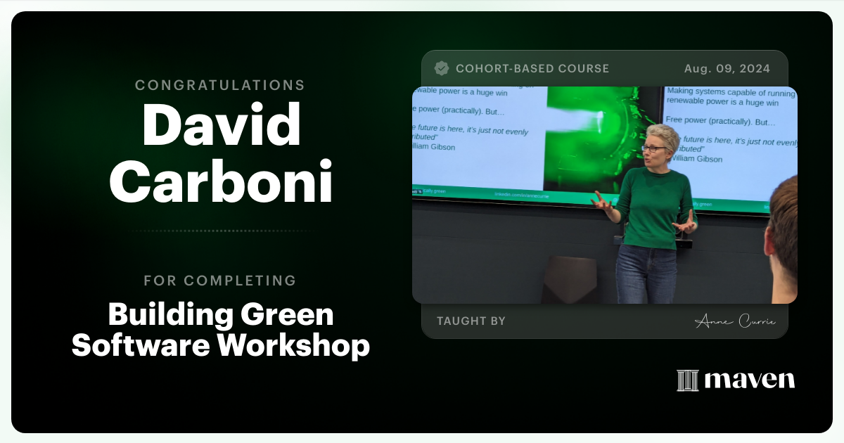 Certificate of Completion for Building Green Software Workshop