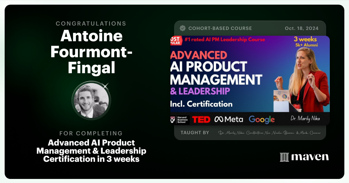 Certificate of Completion for Advanced AI Product Leadership Certification