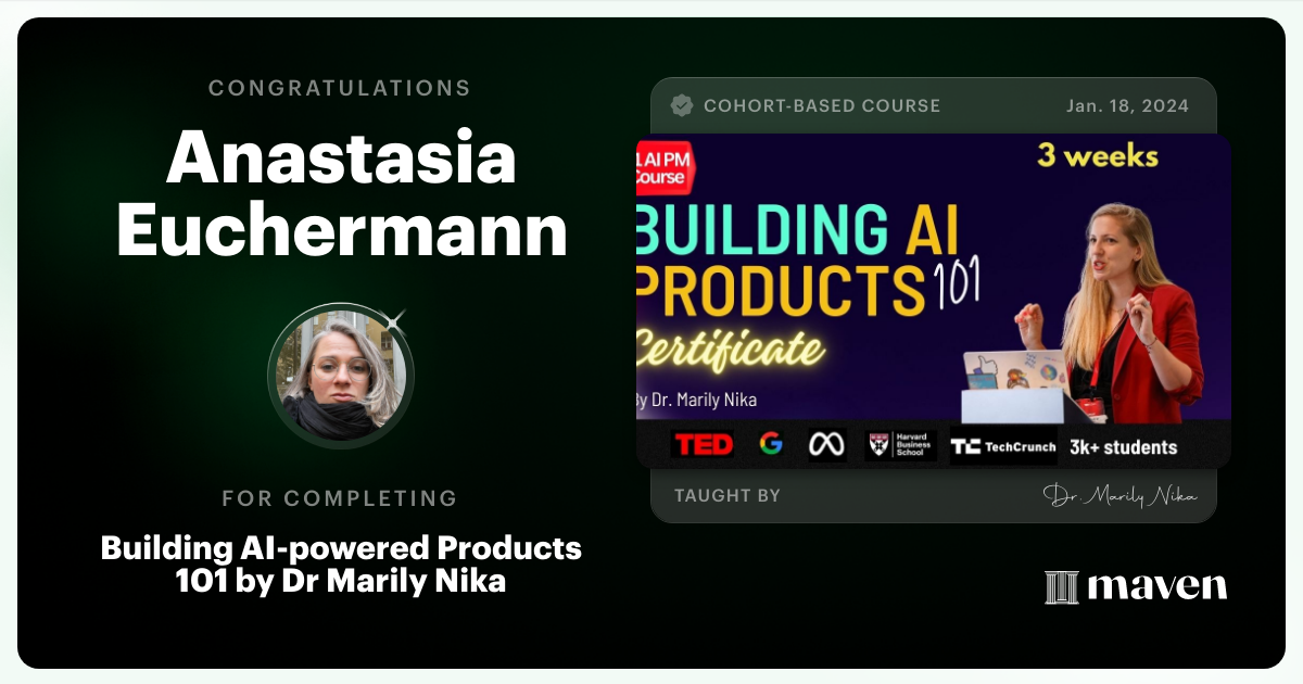 Certificate of Completion for AI Product Management 101 & Certification - Building AI Products end-to-end