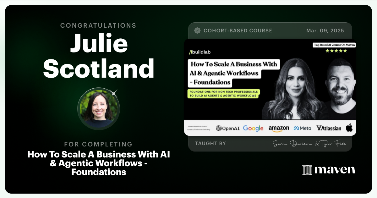 Certificate of Completion for How To Scale A Business With AI & Agentic Workflows - Foundations