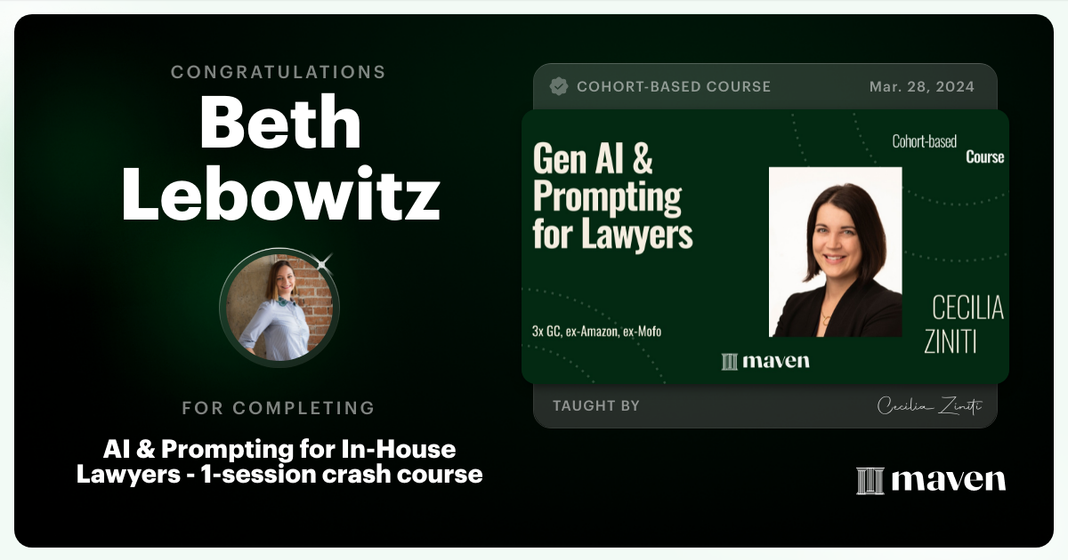 Certificate of Completion for AI Prompting for In-House Legal - 101