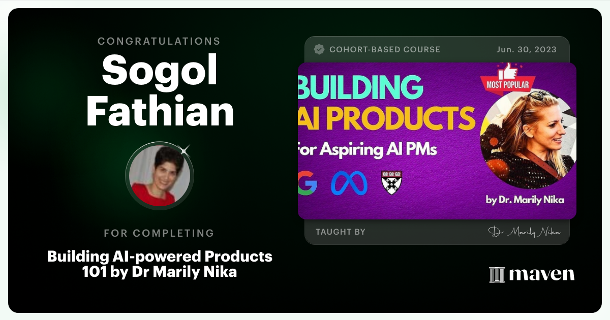 Certificate of Completion for AI Product Management 101 & Certification - Building AI Products end-to-end