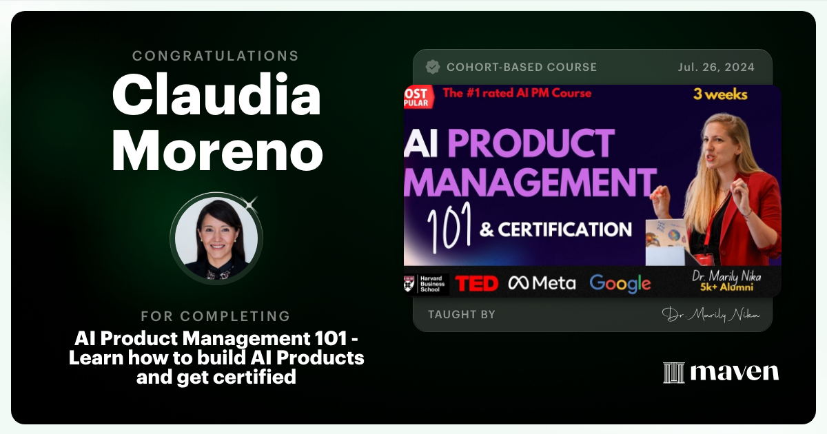Certificate of Completion for AI Product Management 101 & Certification - Building AI Products end-to-end