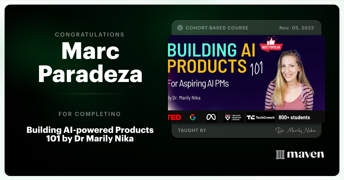 Certificate of Completion for AI Product Management 101 & Certification - Building AI Products end-to-end