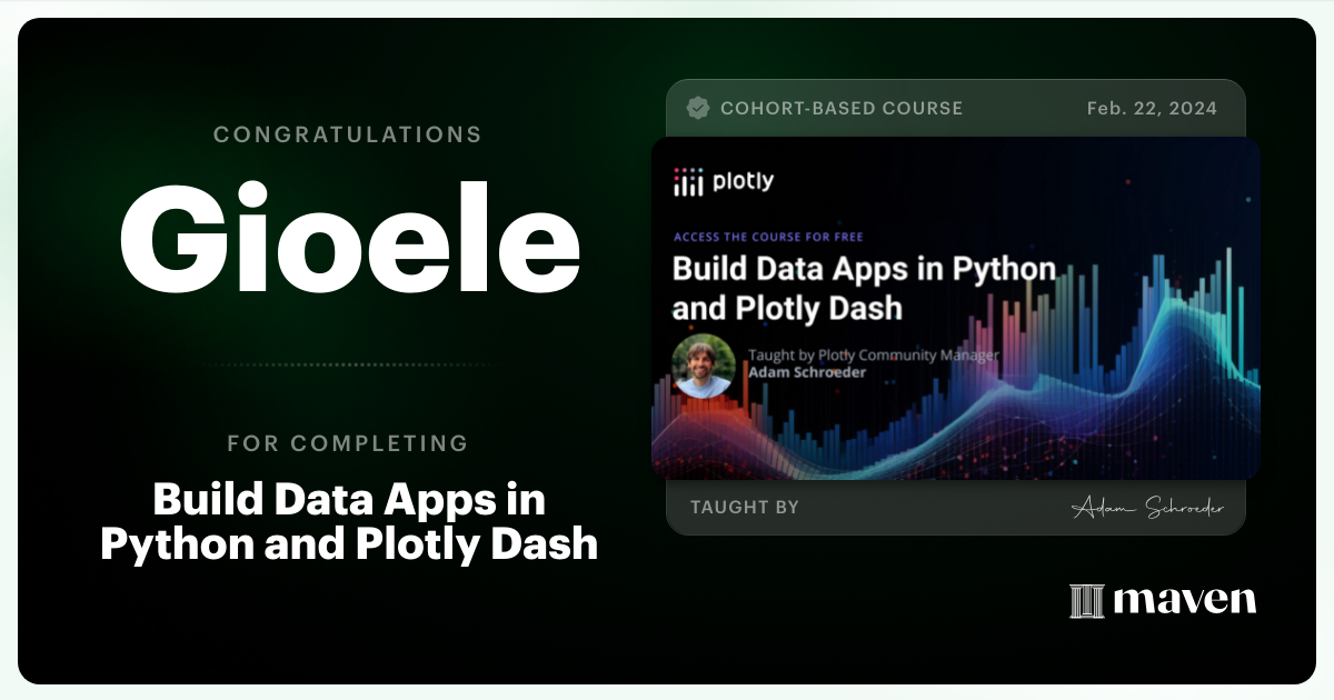 Certificate of Completion for Build Data Apps in Python and Plotly Dash