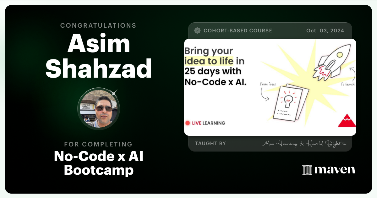 Certificate of Completion for No-Code x AI Bootcamp