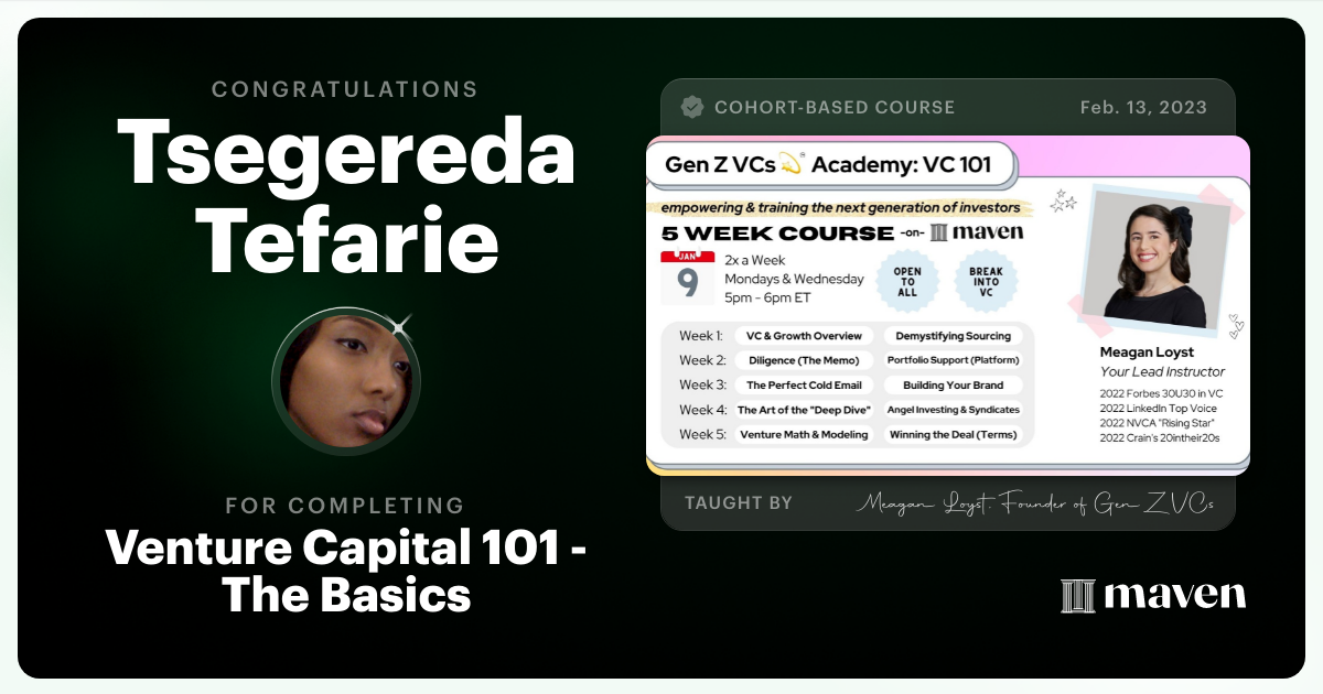 Certificate of Completion for Venture Capital 101 - The Basics
