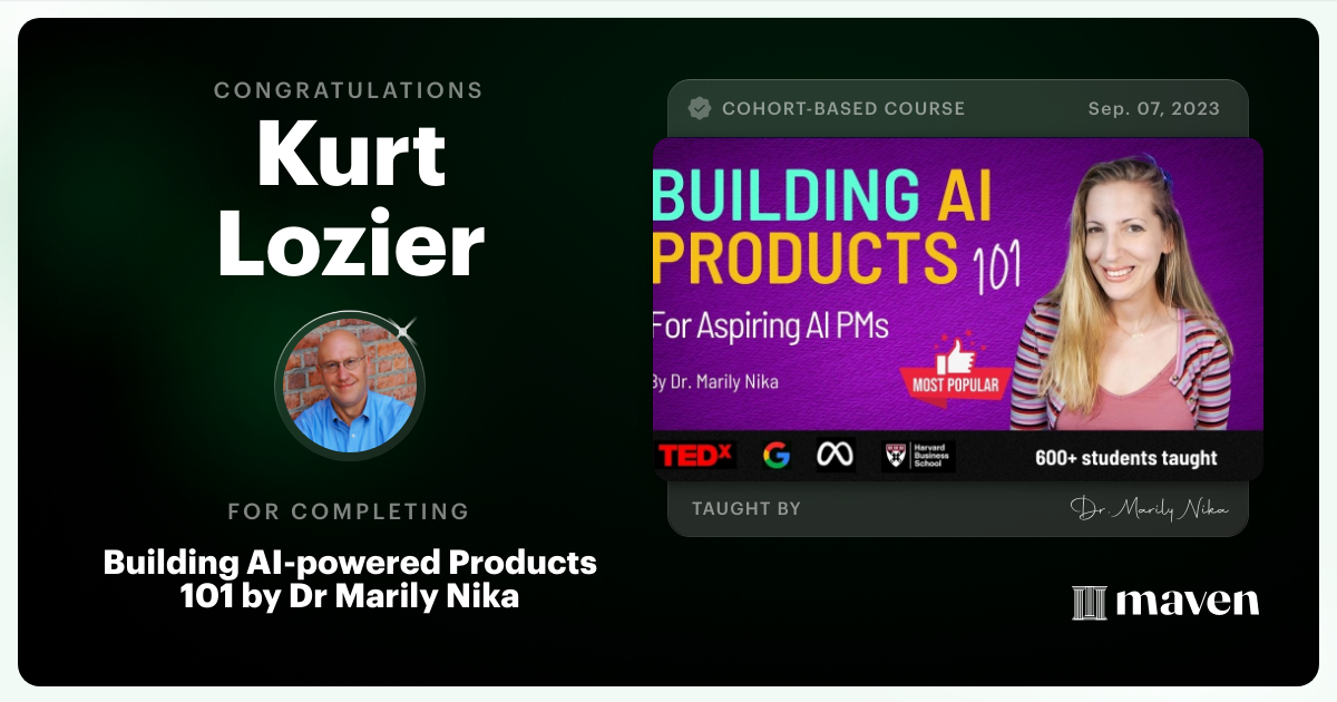 Certificate of Completion for AI Product Management 101 & Certification - Building AI Products end-to-end