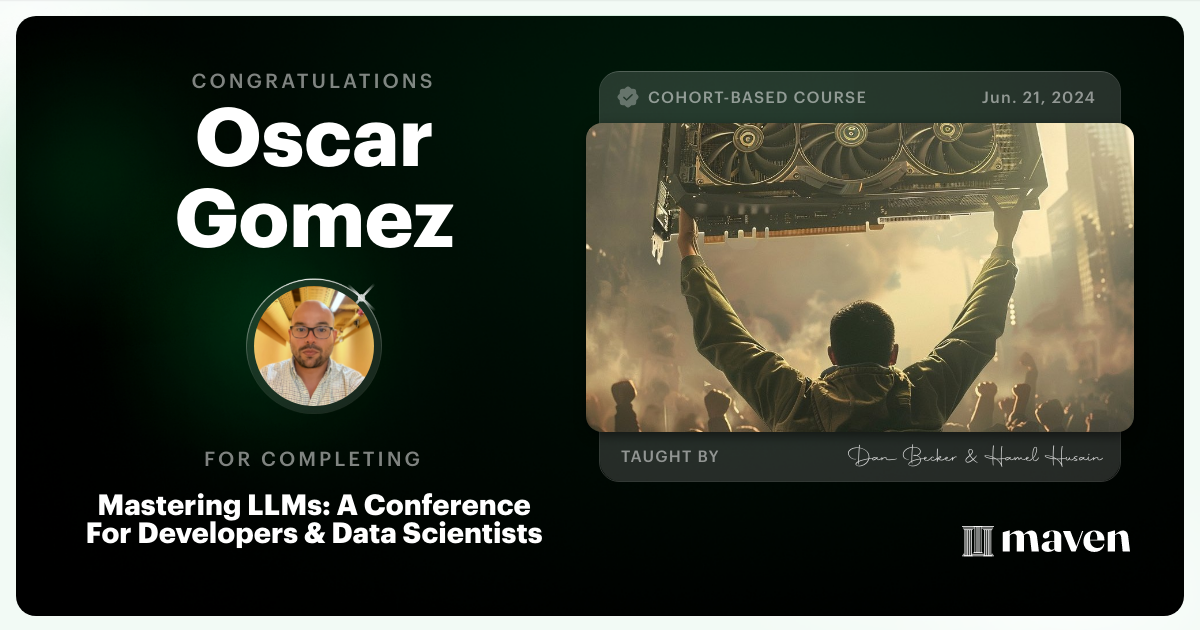 Certificate of Completion for Mastering LLMs For Developers & Data Scientists