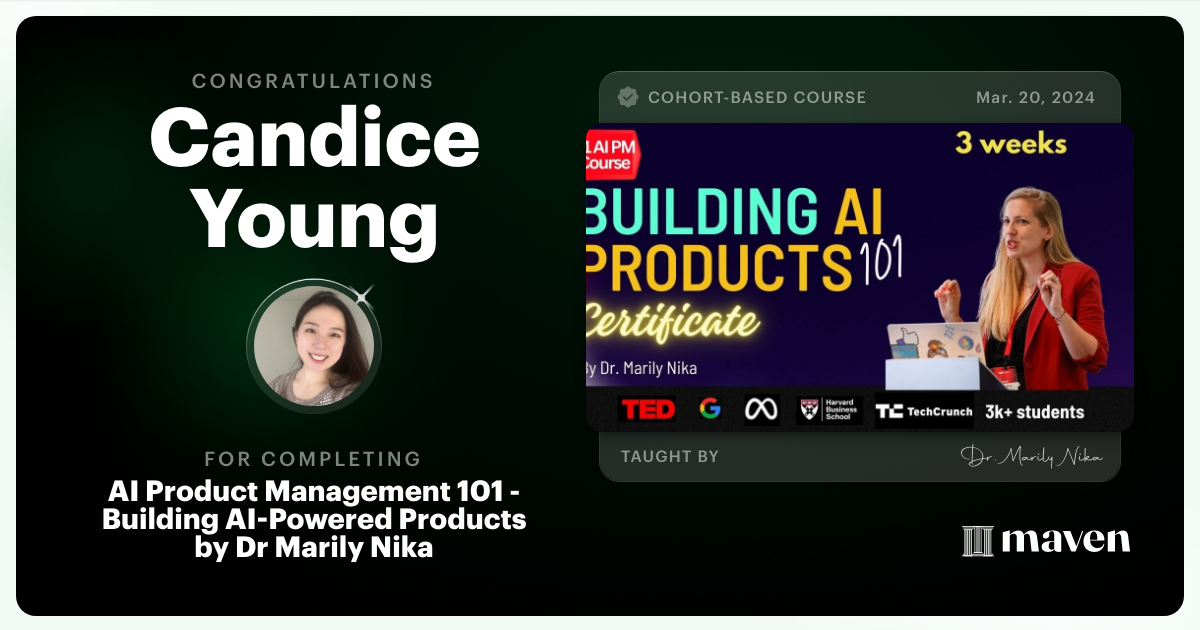 Certificate of Completion for AI Product Management 101 & Certification - Building AI Products end-to-end
