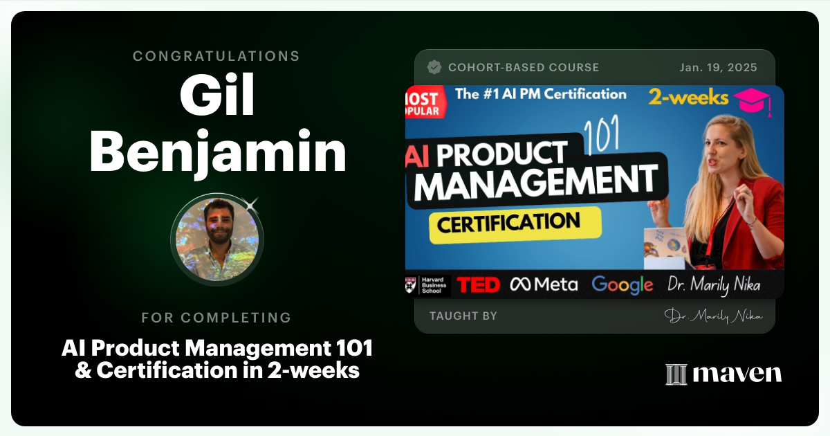 Certificate of Completion for AI Product Management 101 & Certification - Building AI Products end-to-end
