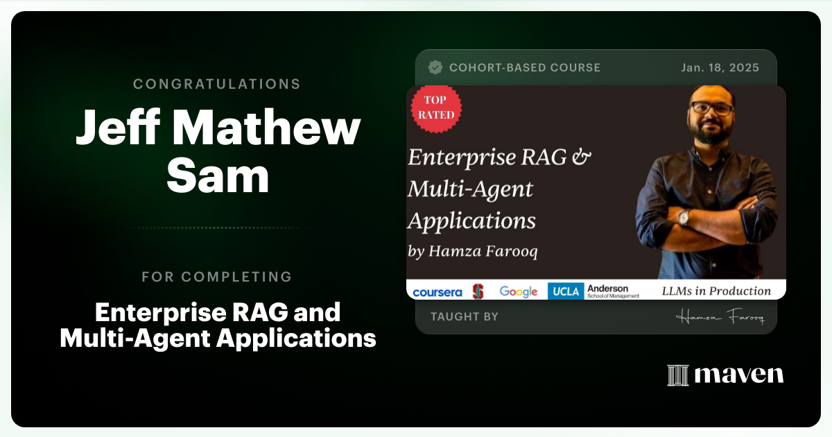 Certificate of Completion for Agent Engineering Bootcamp: Developers Edition