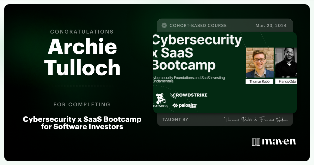 Certificate of Completion for Cybersecurity x SaaS Bootcamp for Software Investors 
