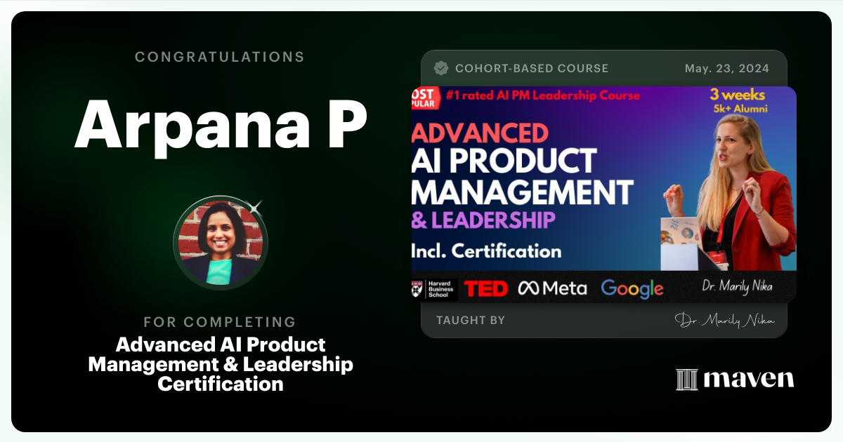 Certificate of Completion for Advanced AI Product Leadership Certification