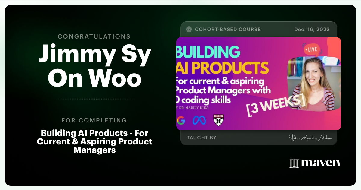 Certificate of Completion for AI Product Management 101 & Certification - Building AI Products end-to-end