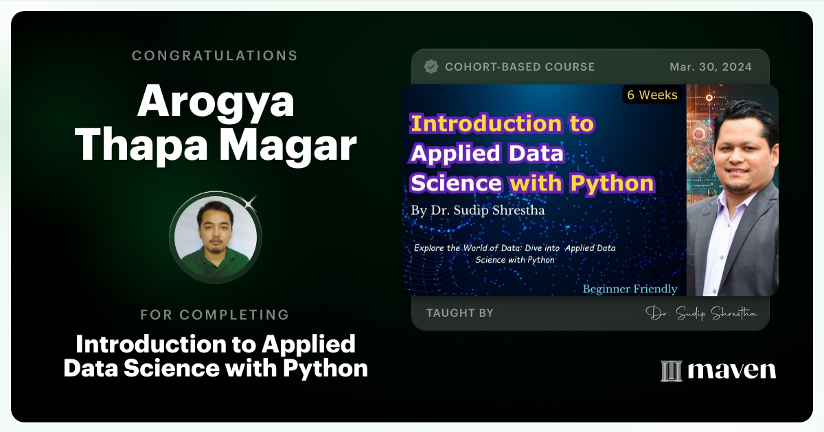 Certificate of Completion for Introduction to Applied Data Science with Python 