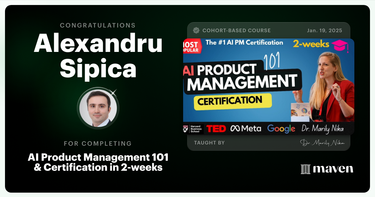 Certificate of Completion for AI Product Management 101 & Certification - Building AI Products end-to-end