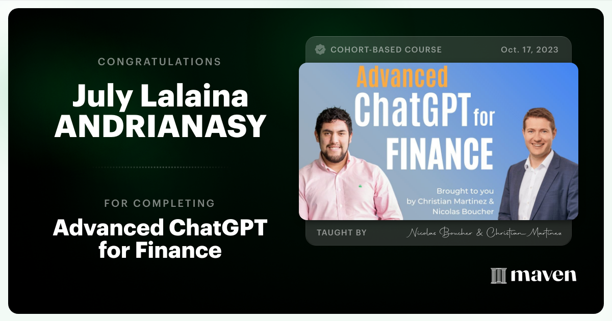Certificate of Completion for AI for Finance - Advanced