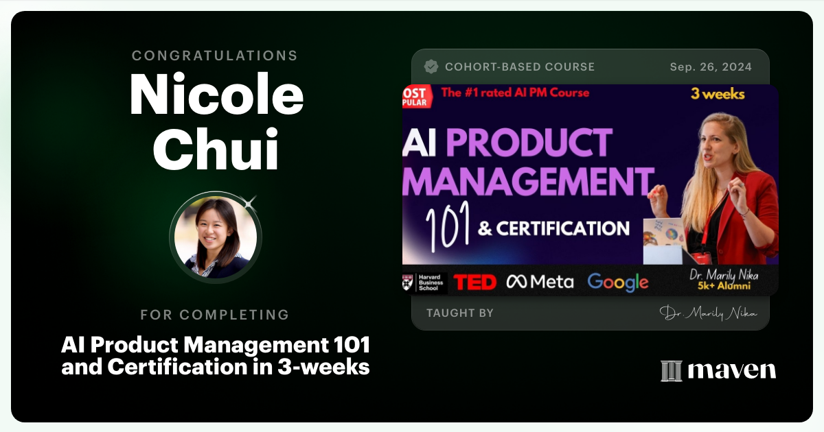 Certificate of Completion for AI Product Management 101 & Certification - Building AI Products end-to-end