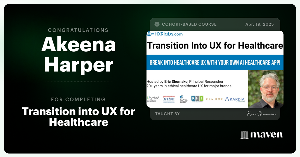 Certificate of Completion for Healthcare UX Certification