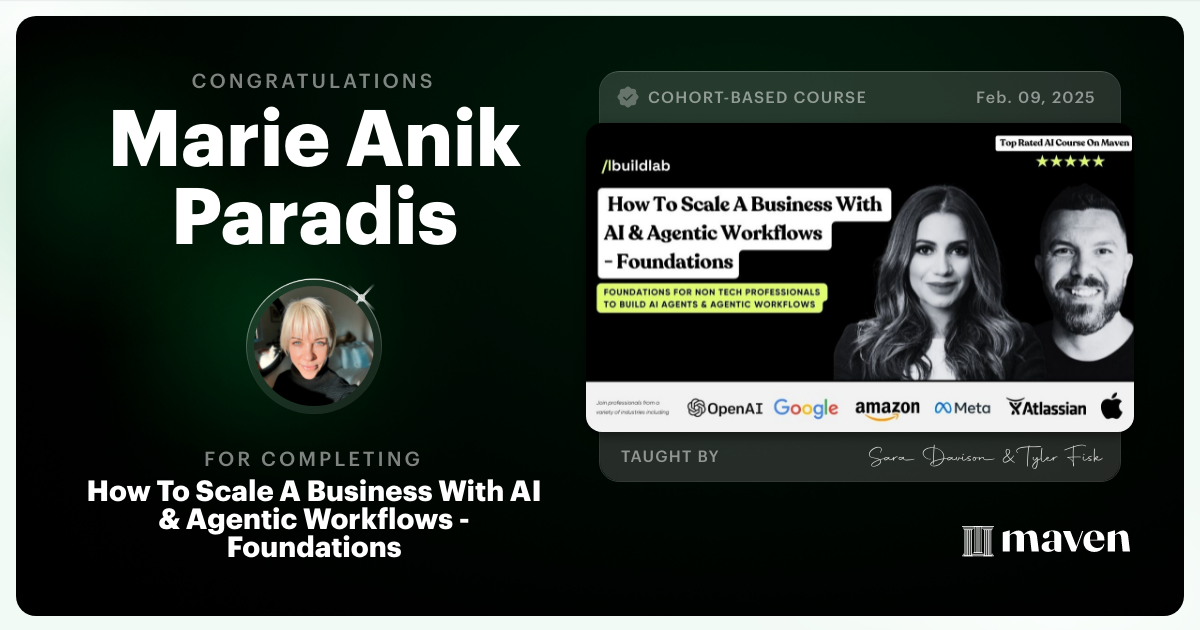 Certificate of Completion for How To Scale A Business With AI & Agentic Workflows - Foundations