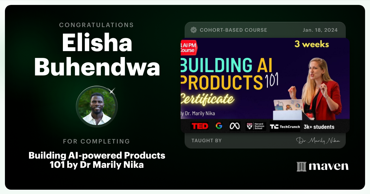 Certificate of Completion for AI Product Management 101 & Certification - Building AI Products end-to-end