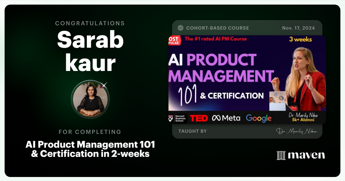 Certificate of Completion for AI Product Management 101 & Certification - Building AI Products end-to-end