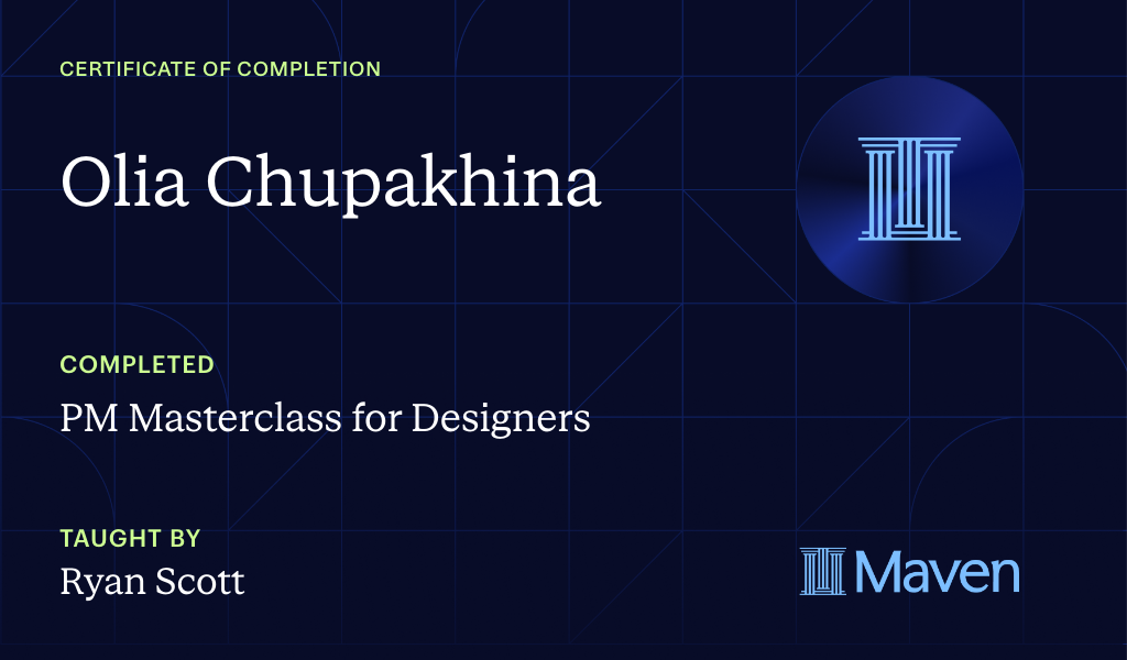 Certificate for PM Masterclass for Designers