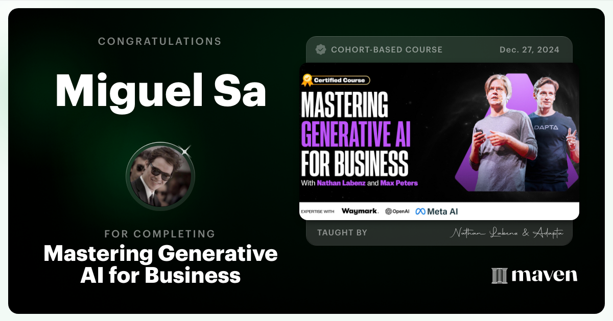 Certificate of Completion for Mastering Generative AI for Business