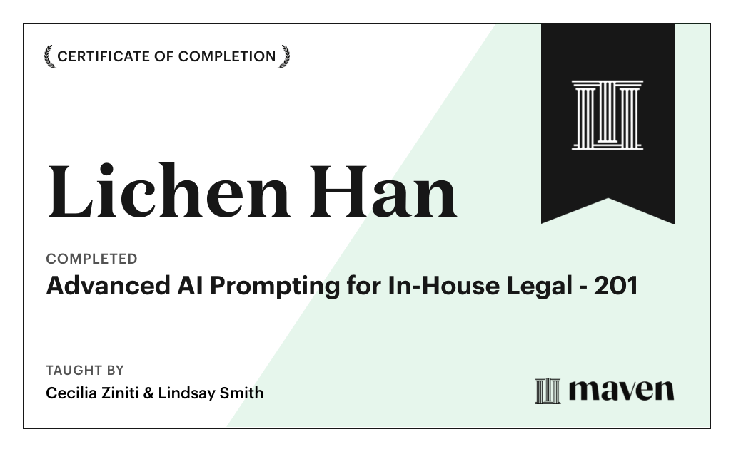 Certificate for Advanced AI Prompting for In-House Legal - 201