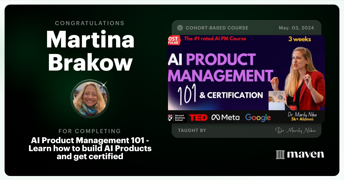 Certificate of Completion for AI Product Management 101 & Certification - Building AI Products end-to-end