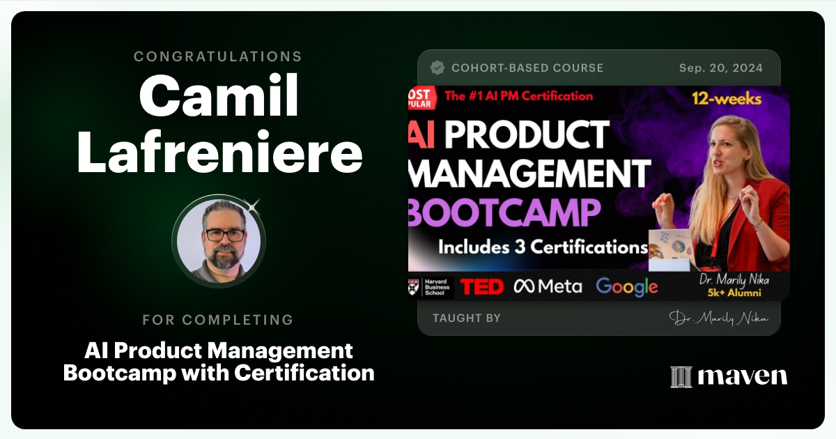 Certificate of Completion for AI Product Management Bootcamp & Certification by AI Product Academy
