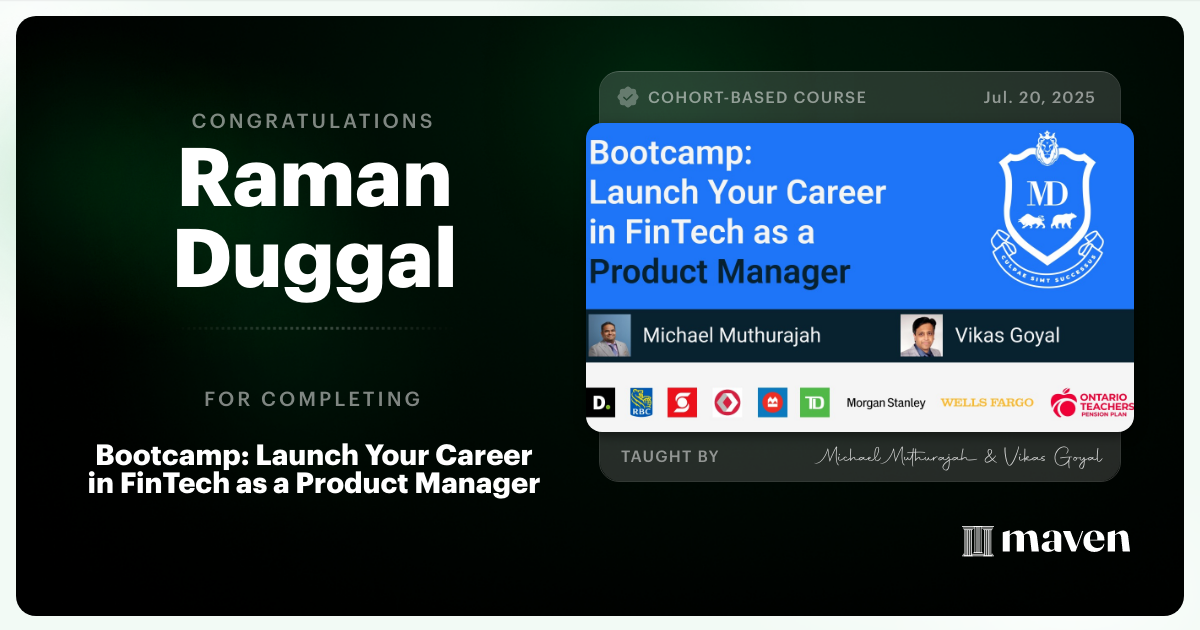 Certificate for Bootcamp: Launch Your Career in FinTech as a Product Manager