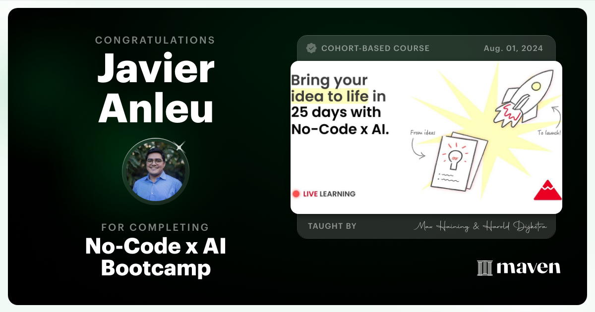 Certificate of Completion for No-Code x AI Bootcamp