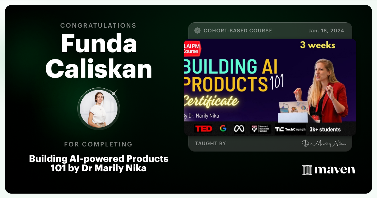 Certificate of Completion for AI Product Management 101 & Certification - Building AI Products end-to-end