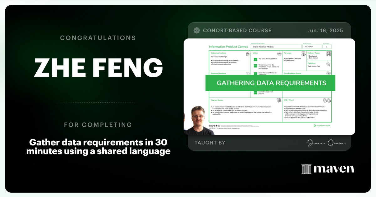 Certificate of Completion for Gather data requirements in 30 minutes using a shared language