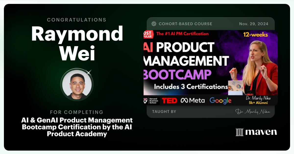 Certificate of Completion for AI Product Management Bootcamp & Certification by AI Product Academy