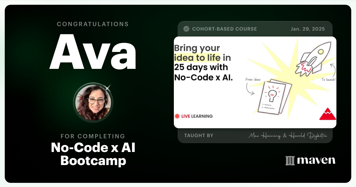 Certificate of Completion for No-Code x AI Bootcamp