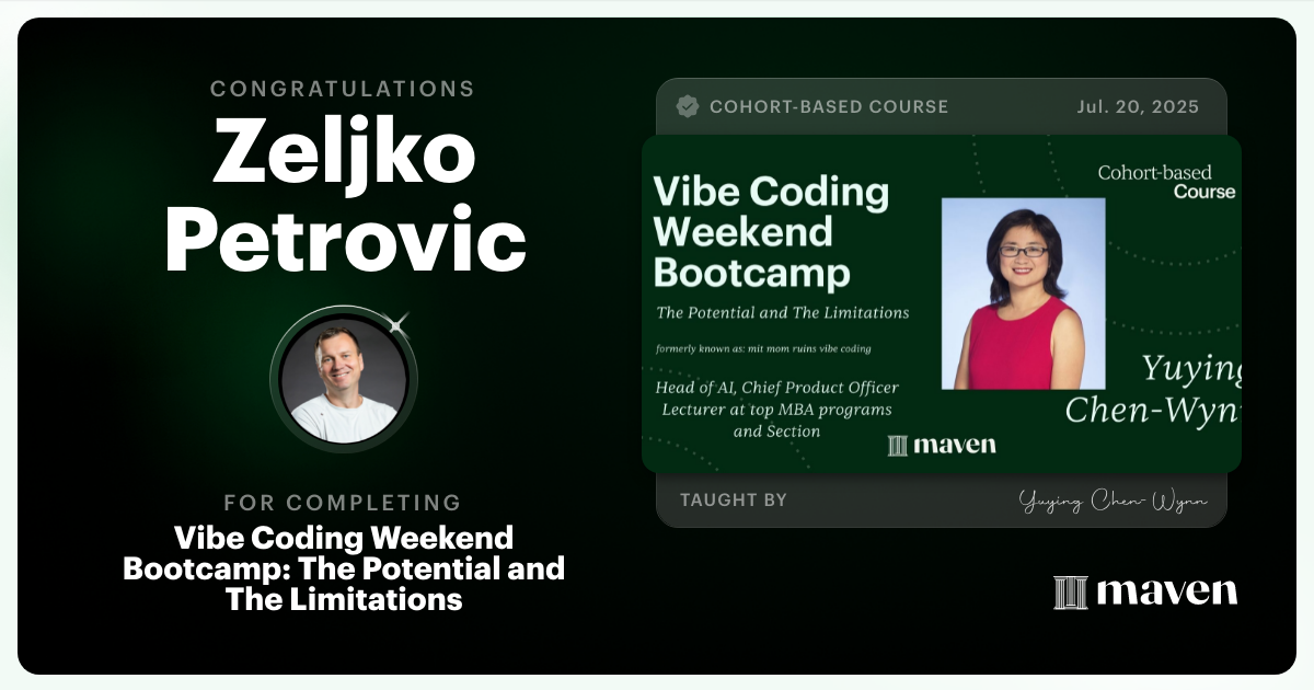 Certificate of Completion for Vibe Coding Weekend Bootcamp: The Potential and The Limitations