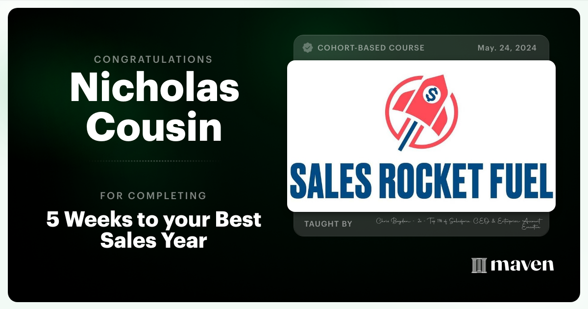 Certificate of Completion for Sales Rocket Fuel: How to Crush Quota Almost Every Year