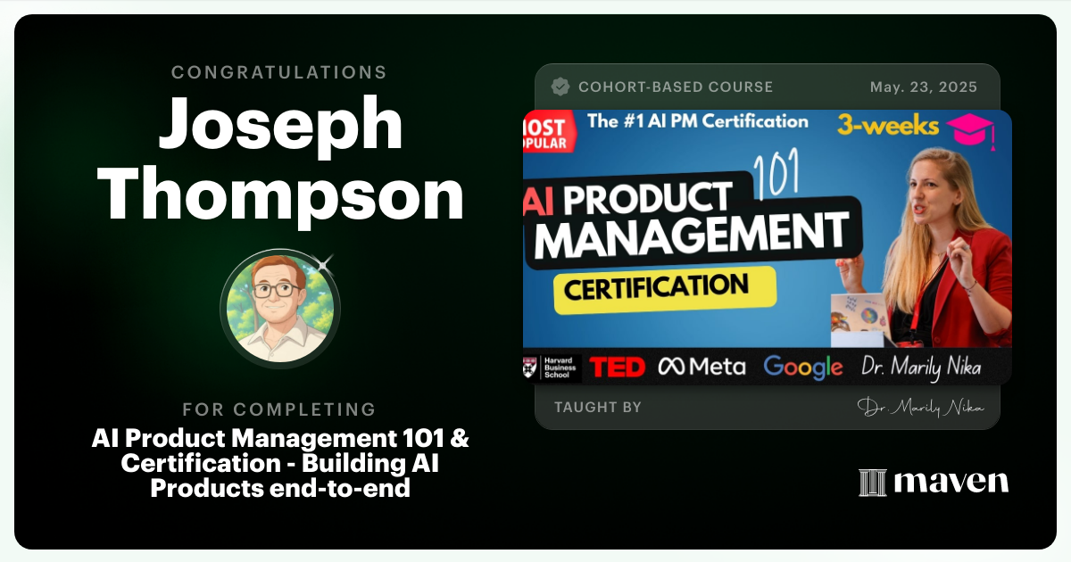 Certificate of Completion for AI Product Management 101 & Certification - Building AI Products end-to-end