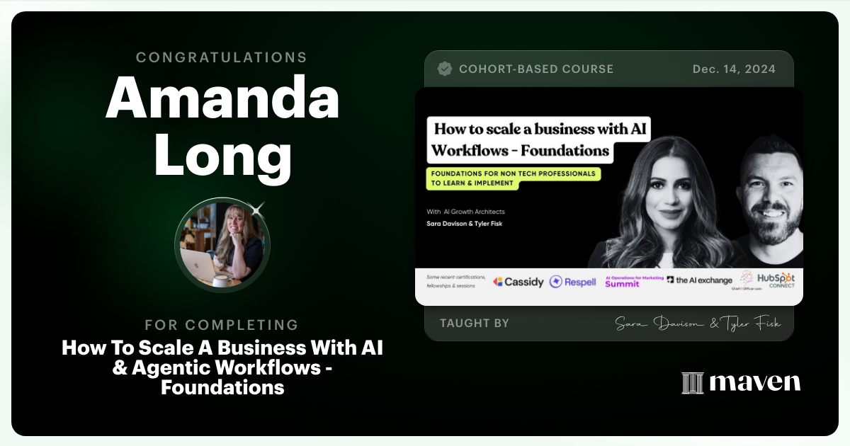 Certificate of Completion for How To Scale A Business With AI & Agentic Workflows - Foundations