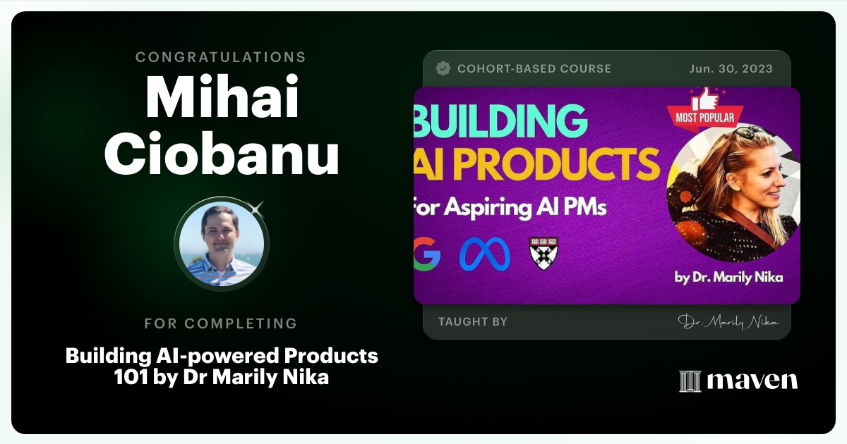 Certificate of Completion for AI Product Management 101 & Certification - Building AI Products end-to-end